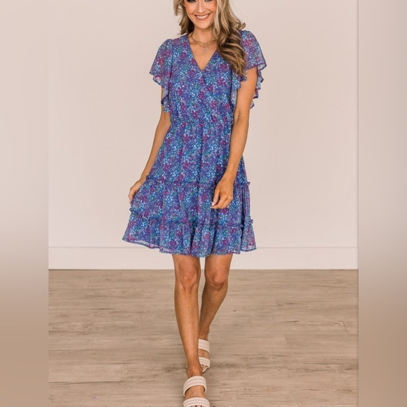 Peach Love California Dresses & Skirts - The Night Is Young Floral Dress-Cobalt Blue-Ruffled-EUC-Size Small